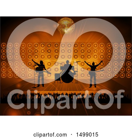 Clipart of a Silhouetted Band and Audience Under a Golden Disco Ball - Royalty Free Vector Illustration by elaineitalia