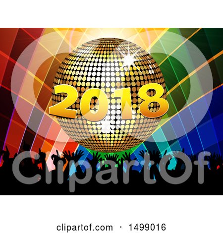 Clipart of a Golden 2018 New Year Disco Ball and Silhouetted Audience over Colorful Squares - Royalty Free Vector Illustration by elaineitalia