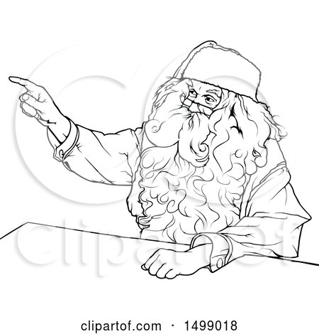 Clipart of a Black and White Santa Sitting at a Desk and Pointing - Royalty Free Vector Illustration by dero