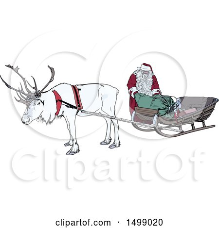 Clipart of a White Christmas Reindeer and Santa at a Sleigh - Royalty Free Vector Illustration by dero