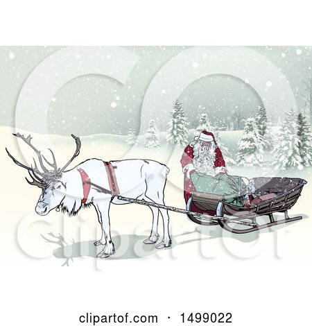 Clipart of a Christmas Reindeer and Santa with a Sleigh in the Snow - Royalty Free Vector Illustration by dero
