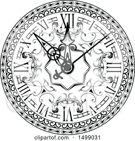 Clipart of a Black and White Vintage Clock Face - Royalty Free Vector Illustration by dero