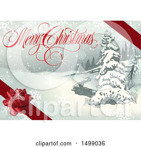 Clipart of a Merry Christmas Greeting with Ribbons and a Bow over a Winter Landscape - Royalty Free Vector Illustration by dero