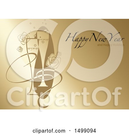 Clipart of a Happy New Year and Happy Holidays Greeting with Champagne on Gold Lines - Royalty Free Vector Illustration by dero