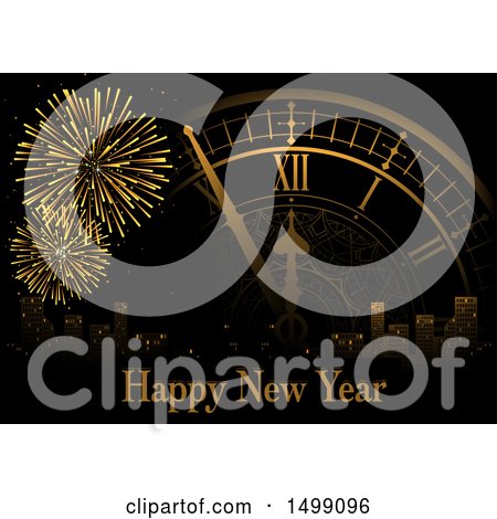 Clipart of a Happy New Year Greeting with Fireworks, a Clock and City - Royalty Free Vector Illustration by dero