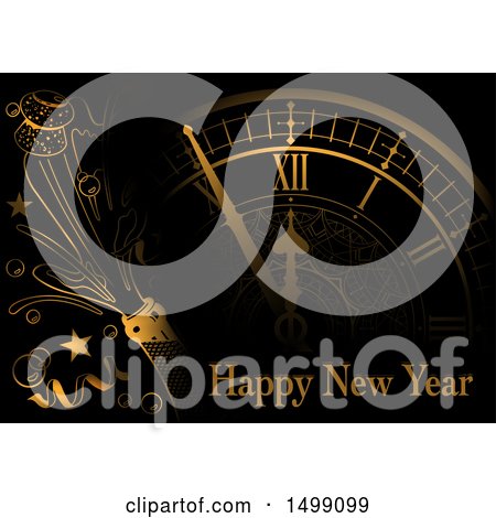 Clipart of a Golden Clock Face with Popping Champagne and Happy New Year Text - Royalty Free Vector Illustration by dero