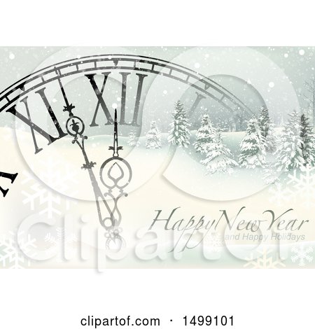 Clipart of a Happy New Year Greeting with a Clock and a Winter Landscape - Royalty Free Vector Illustration by dero