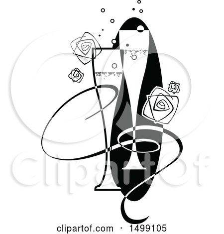 Clipart of a Black and White Pair of Champagne Flutes with a Ribbon, Bubbles and Roses - Royalty Free Vector Illustration by dero