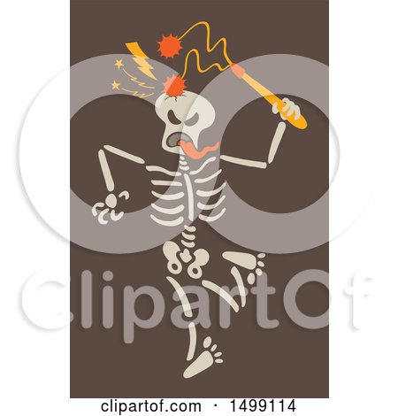 Clipart of a Halloween Skeleton Striking His Skull with a Flail - Royalty Free Vector Illustration by Zooco