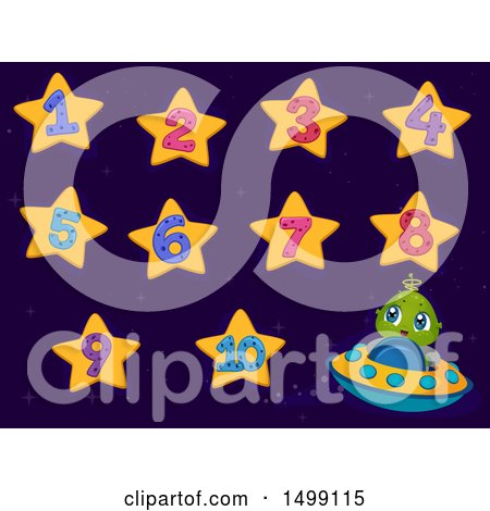 Clipart of a Cute Alien Flying a Ufo and Star Numbers - Royalty Free Vector Illustration by BNP Design Studio