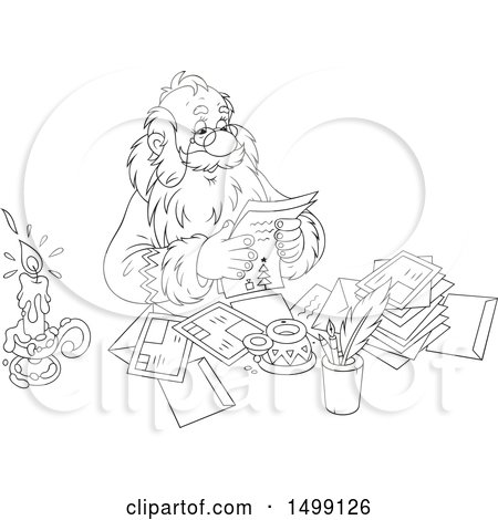 Clipart of a Black and White Santa Claus Reading Christmas Letters - Royalty Free Vector Illustration by Alex Bannykh