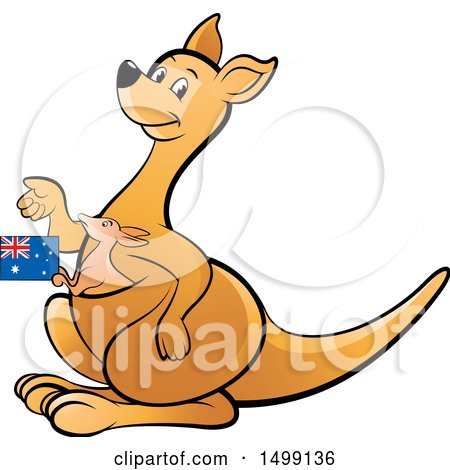 Clipart of a Kangaroo with a Baby Joey Holding an Australian Flag - Royalty Free Vector Illustration by Lal Perera