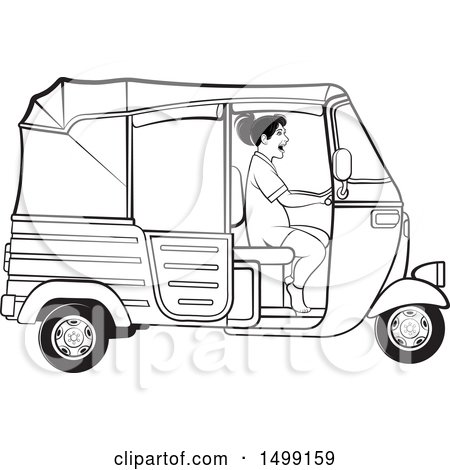 Clipart of a Black and White Woman Driving a Three Wheeler Rickshaw Vehicle - Royalty Free Vector Illustration by Lal Perera