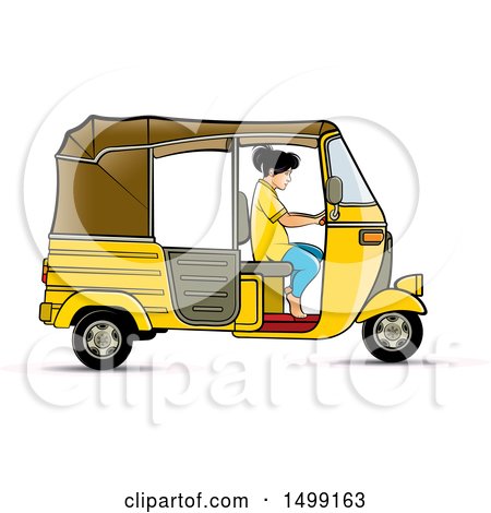 Clipart of a Woman Driving a Yellow Three Wheeler Rickshaw Vehicle - Royalty Free Vector Illustration by Lal Perera