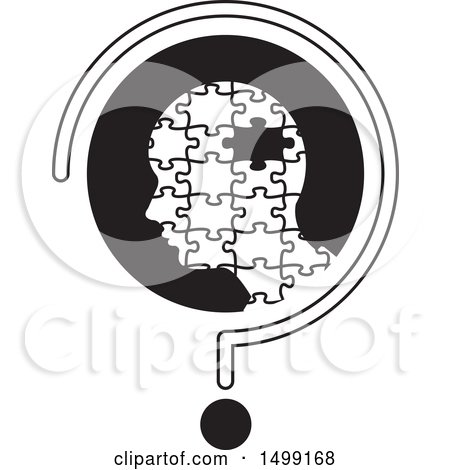 Clipart of a Black and White Puzzle Head with a Missing Piece in a Question Mark - Royalty Free Vector Illustration by Lal Perera