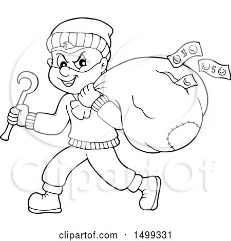 Clipart of a Black and White Bank Robber Running with a Torn Sack Dropping Money - Royalty Free Vector Illustration by visekart