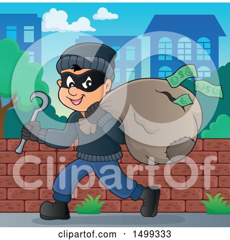 Clipart of a Bank Robber Running with a Torn Sack Dropping Money - Royalty Free Vector Illustration by visekart