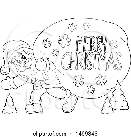 Clipart of Santa Claus Carrying a Giant Sack with a Merry Christmas Greeting in Black and White - Royalty Free Vector Illustration by visekart