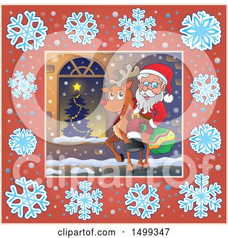Clipart of Santa Claus Riding a Reindeer in a Snowflake Frame - Royalty Free Vector Illustration by visekart
