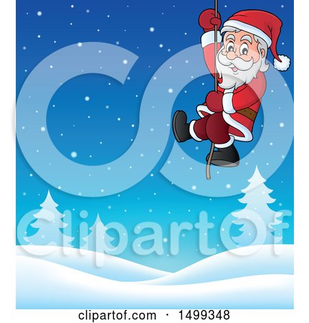 Clipart of Santa on a Rope over a Winter Landscape - Royalty Free Vector Illustration by visekart