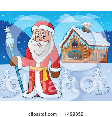 Clipart of Father Frost or Santa Claus near a Cabin - Royalty Free Vector Illustration by visekart