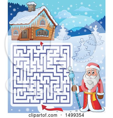 Clipart of Father Frost or Santa Claus on a Maze Leading to a Cabin - Royalty Free Vector Illustration by visekart