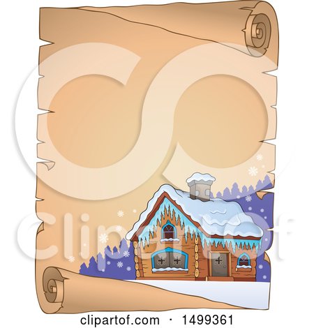 Clipart of a Parchment Scroll with a Winter Cottage or Log Cabin - Royalty Free Vector Illustration by visekart
