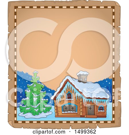 Clipart of a Parchment Page with a Winter Cottage or Log Cabin - Royalty Free Vector Illustration by visekart