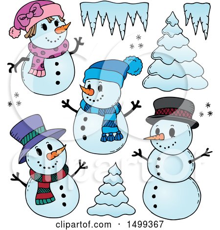 Clipart of Snowmen with Trees and Ice - Royalty Free Vector Illustration by visekart