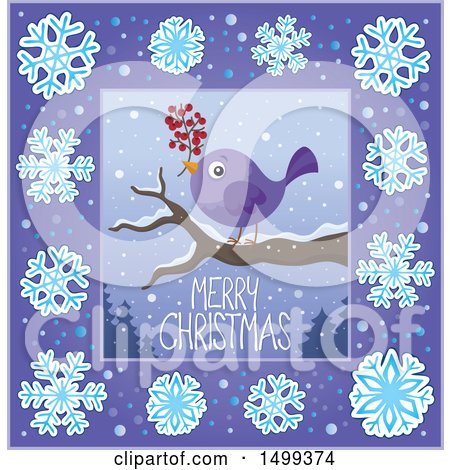 Clipart of a Merry Christmas Greeting with a Bird in a Snowflake Border - Royalty Free Vector Illustration by visekart