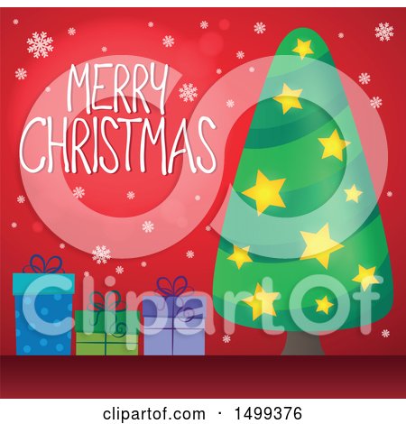 Clipart of a Merry Christmas Greeting with a Tree and Gifts - Royalty Free Vector Illustration by visekart