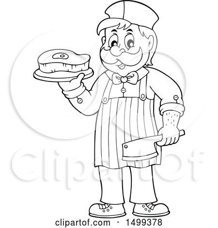 Clipart of a Black and White Butcher Holding a Steak and Cleaver Knife - Royalty Free Vector Illustration by visekart
