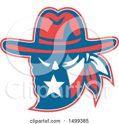 Clipart of a Retro Texan Outlaw Wearing a Bandana and Cowboy Hat - Royalty Free Vector Illustration by patrimonio