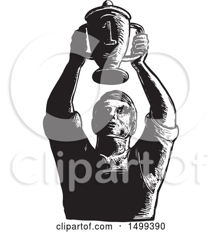 Clipart of a Sketched Worker Holding up Championship Trophy Cup - Royalty Free Vector Illustration by patrimonio