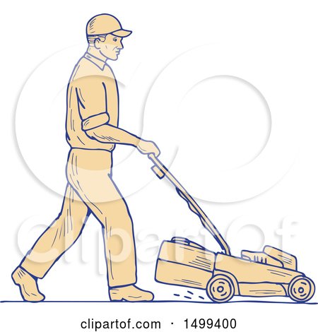 Clipart of a Male Landscaper Pushing a Lawnmower - Royalty Free Vector Illustration by patrimonio