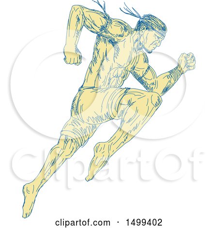 Clipart of a Sketched Muay Thai Fighter Jumping and Kicking - Royalty Free Vector Illustration by patrimonio