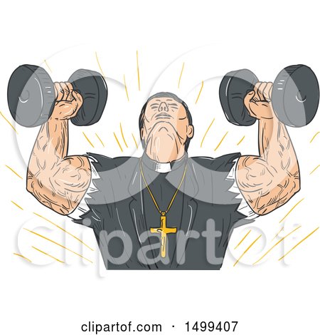 Clipart of a Sketched Muscular Priest Lifting Dumbbells - Royalty Free Vector Illustration by patrimonio