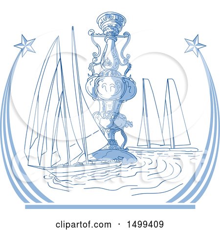 Clipart of Sketched Yachts Racing by a Trophy Cup in a Shooting Star Frame - Royalty Free Vector Illustration by patrimonio
