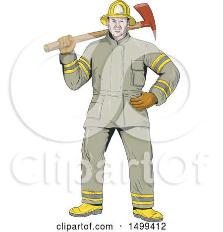 Clipart of a Fireman Holding an Axe over His Shoulder - Royalty Free Vector Illustration by patrimonio