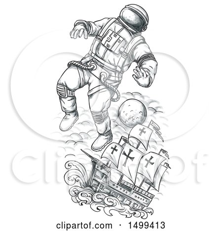 Clipart of a Sketched Astronaut Tethered to a Ship, on a White Background - Royalty Free Illustration by patrimonio