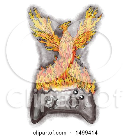 Clipart of a Sketched Rising Flaming Phoenix on a Video Game Controller, on a White Background - Royalty Free Illustration by patrimonio