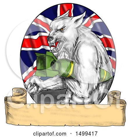 Clipart of a Sketched Grey Wolf Holding a Bomb over a Union Jack Flag, on a White Background - Royalty Free Illustration by patrimonio