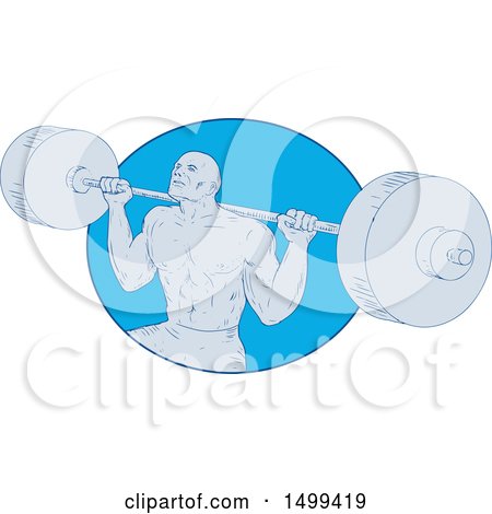 Clipart of a Sketched Bodybuilder Powerlifting a Barbell in a Blue Oval - Royalty Free Vector Illustration by patrimonio