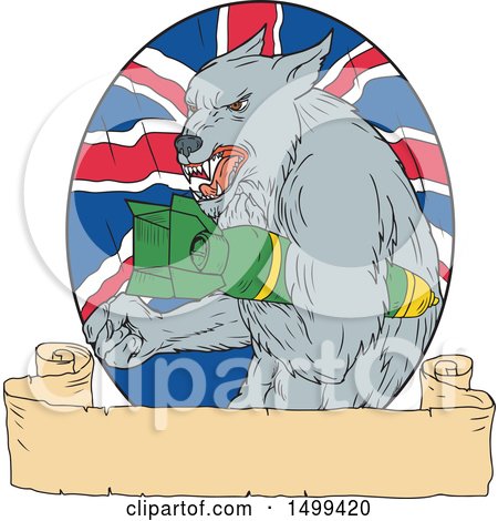 Clipart of a Sketched Grey Wolf Holding a Bomb over a Union Jack Flag and Banner - Royalty Free Vector Illustration by patrimonio
