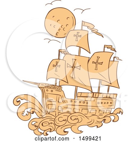 Clipart of a Sketched Caravel Sailing Ship and Moon - Royalty Free Vector Illustration by patrimonio