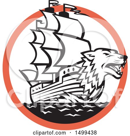 Clipart of a Sea Wolf Galleon Ship in a Black White and Orange Circle - Royalty Free Vector Illustration by patrimonio