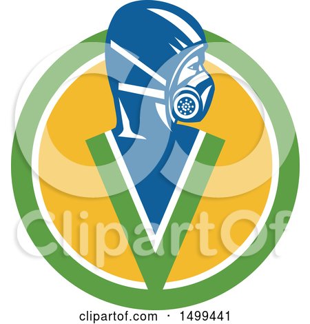 Clipart of a Fumigator Pest Control Specialist Wearing a Mask in a Circle - Royalty Free Vector Illustration by patrimonio