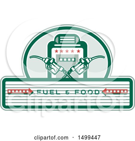 Clipart of a Fuel and Food Design with Crossed Gas Nozzles and Pump - Royalty Free Vector Illustration by patrimonio
