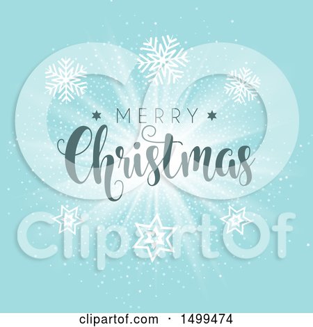 Clipart of a Merry Christmas Design with Snowflakes and Stars on Blue - Royalty Free Vector Illustration by KJ Pargeter
