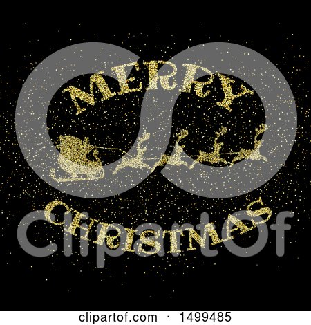 Clipart of a Merry Christmas Greeting and Santas Sleigh Made of Golden Glitter on Black - Royalty Free Vector Illustration by KJ Pargeter